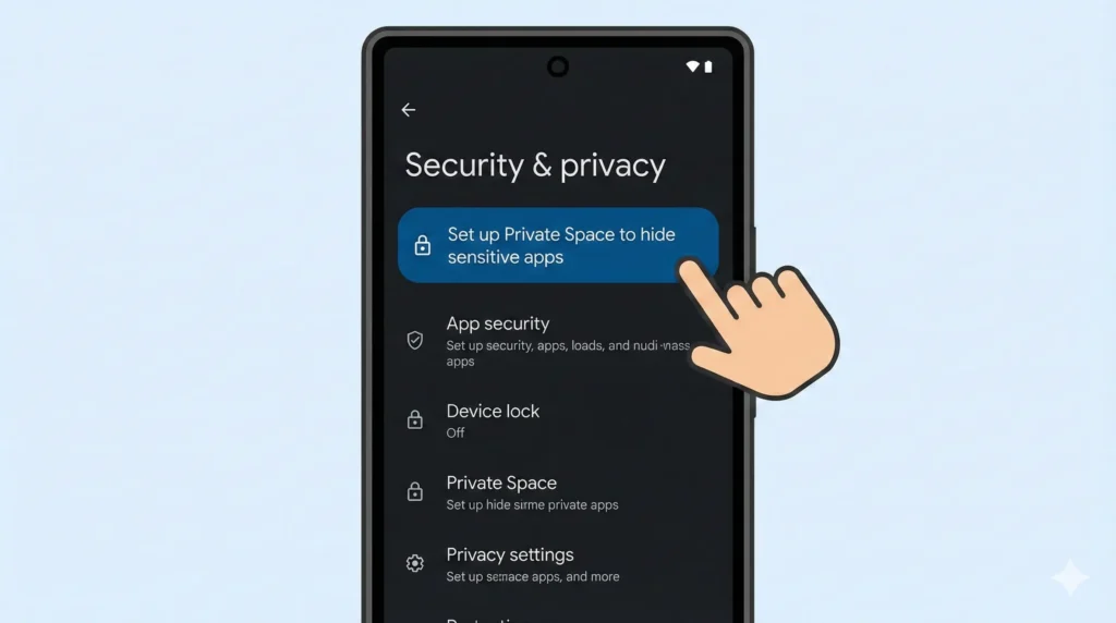 Screenshot of Android 15 Settings menu showing the Set up Private Space banner to avoid