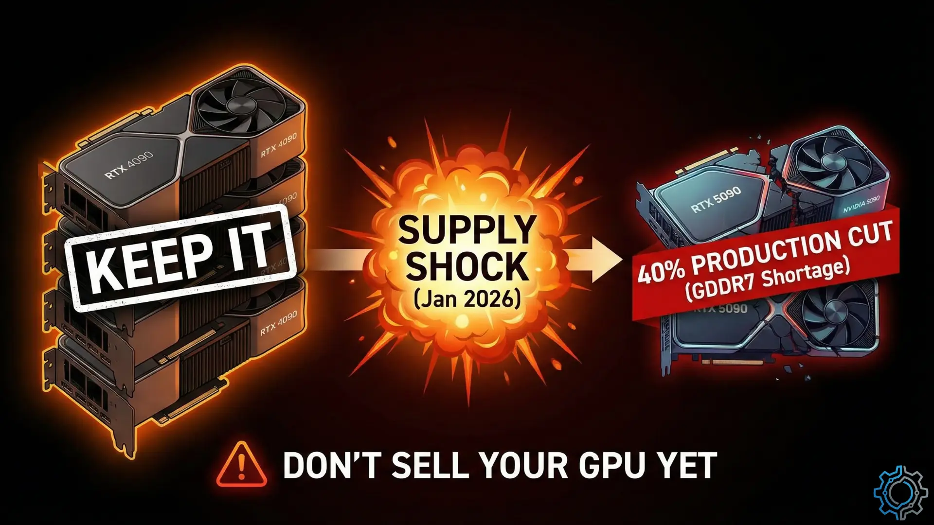Warning graphic showing RTX 5090 supply cuts and stock shortages for 2026