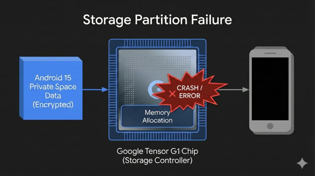 Diagram showing Google Tensor G1 chip storage partition crash during Private Space setup on Pixel 6