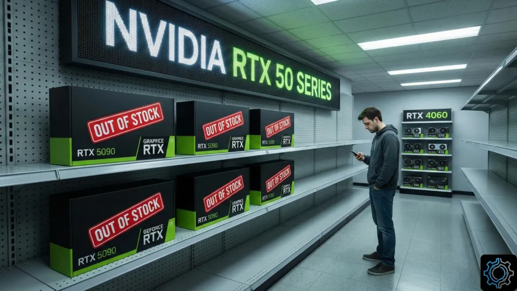 Empty computer store shelves with sold out tags for NVIDIA RTX 50 series cards