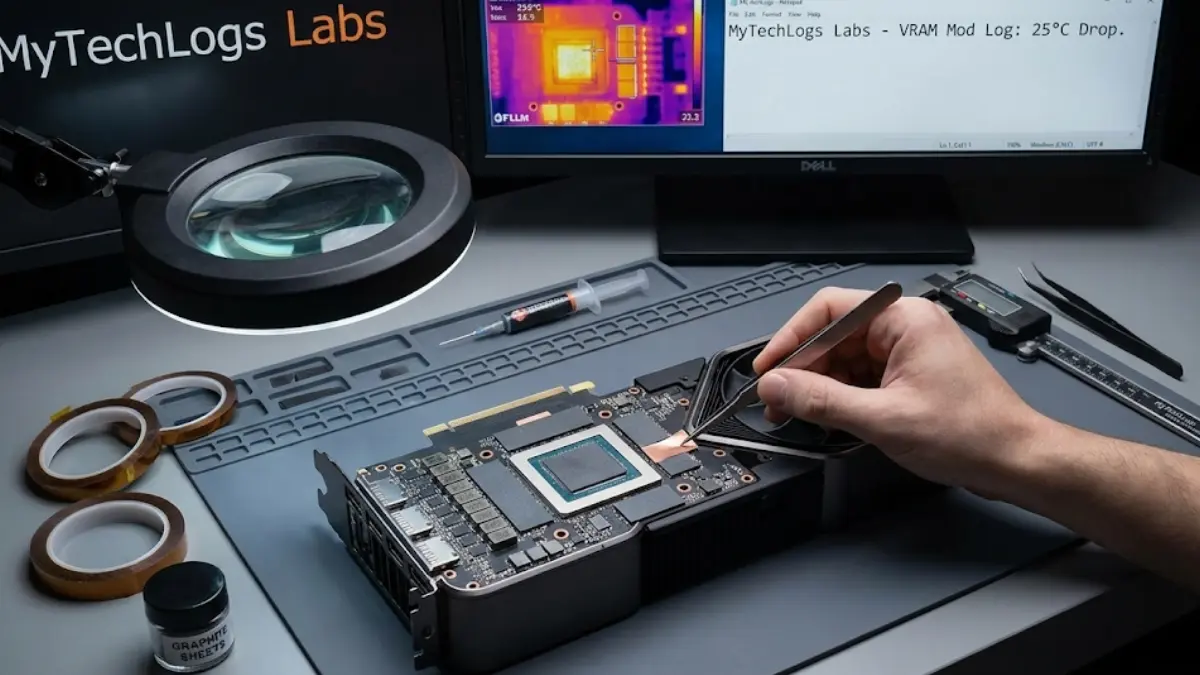 disassembled rtx 3090 graphics card, copper shims on vram chips, digital calipers measuring thermal pad thickness, kapton tape insulation on pcb, furmark stress test results screen, applying thermal paste to graphite sheet, gddr6x memory heating issue, mytechlogs labs workbench antistatic mat, cleaning gpu die with alcohol, installing gpu heatsink screws, thermal throttling graph, pc hardware modification tools, graphite thermal sheet closeup, copper versus thermal pad comparison chart, gpu repair safety precautions, nvidia founders edition cooler disassembly