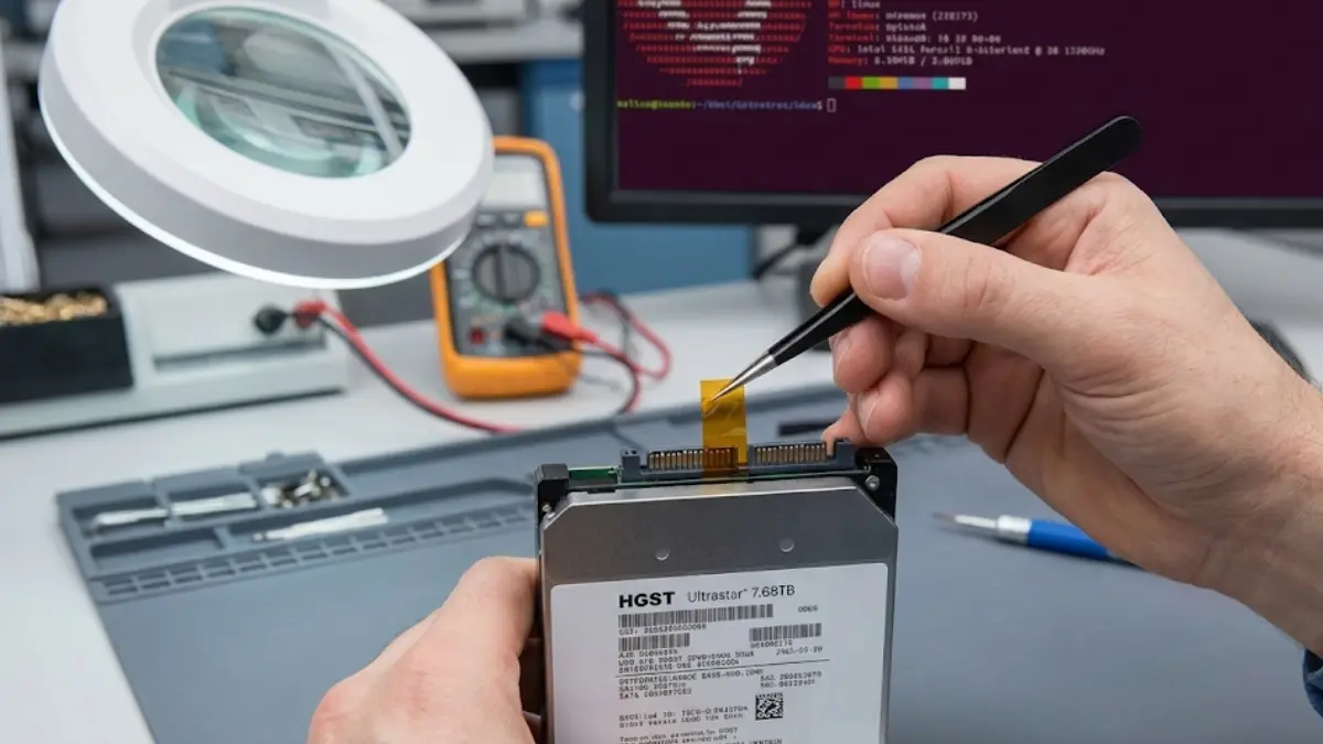 Enterprise SSD Power Disable Fix, enterprise ssd SATA connector closeup, kapton tape covering pin 3, microscope view of hard drive pins, linux terminal dmesg output showing new drive, hgst ultrastar 8tb drive on workbench, multimeter testing sata power cable voltage, mytechlogs labs hardware experiment, tweezers applying tape to connector, smartctl data showing drive health, consumer vs enterprise psu differences diagram, fixing hard drive not spinning up, tech lab precision tools, server storage in desktop pc