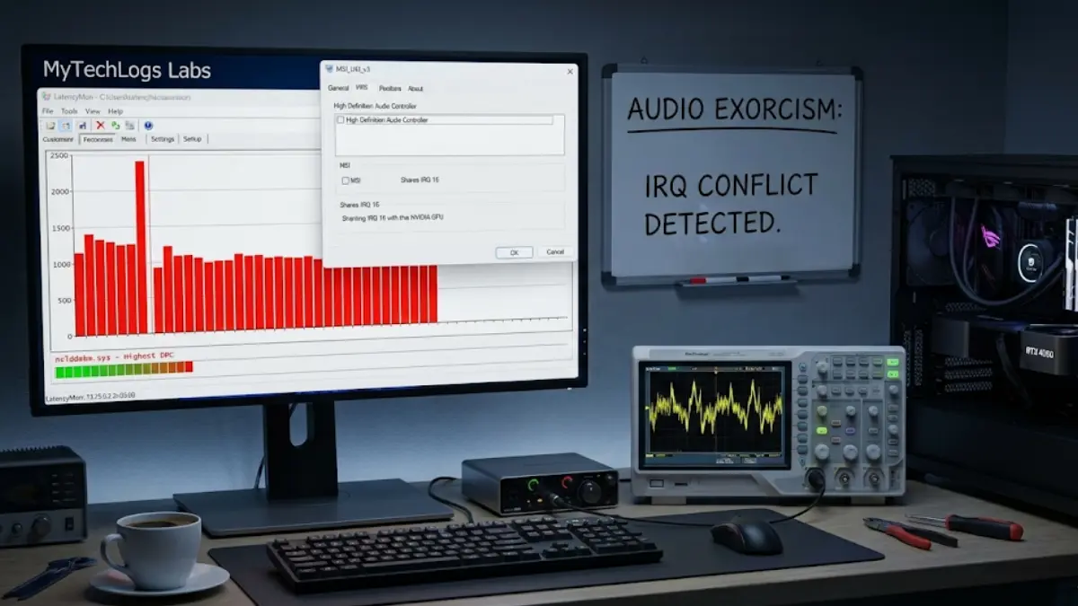 LatencyMon results screen red bars, MSI Utility v3 interface, Windows 11 audio crackling fix, DPC latency checker tool, Nvidia driver latency chart, realtek audio manager settings, powershell script for cpu affinity, device manager irq resources tab, mytechlogs labs computer diagnostic, audio waveform glitch, cpu core parking diagram, interrupt request conflict explanation, gaming pc sound stutter, windows kernel debugging, sysinternals process explorer, fixing robotic sound windows, high definition audio controller driver, hardware acceleration glitch, pc repair workbench tools, audio buffer settings