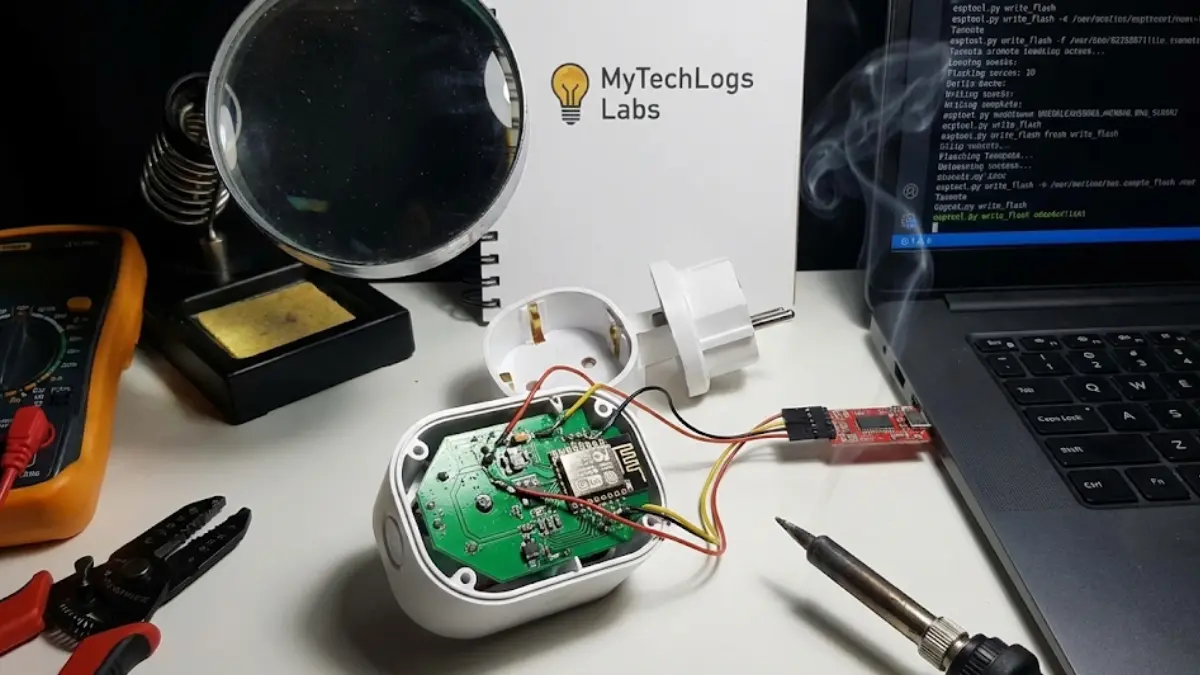 disassembled smart plug on workbench, soldering wires to esp8266 chip, usb to ttl serial adapter, ubuntu terminal showing esptool log, tasmota web interface screen, home assistant dashboard with local devices, soldering iron and flux pen, tuya tywe2s module pinout, firewall logs showing blocked iot traffic, custom smart home setup mytechlogs labs, electronics repair mat with tools, esp8266 chip under microscope, flashing custom firmware process